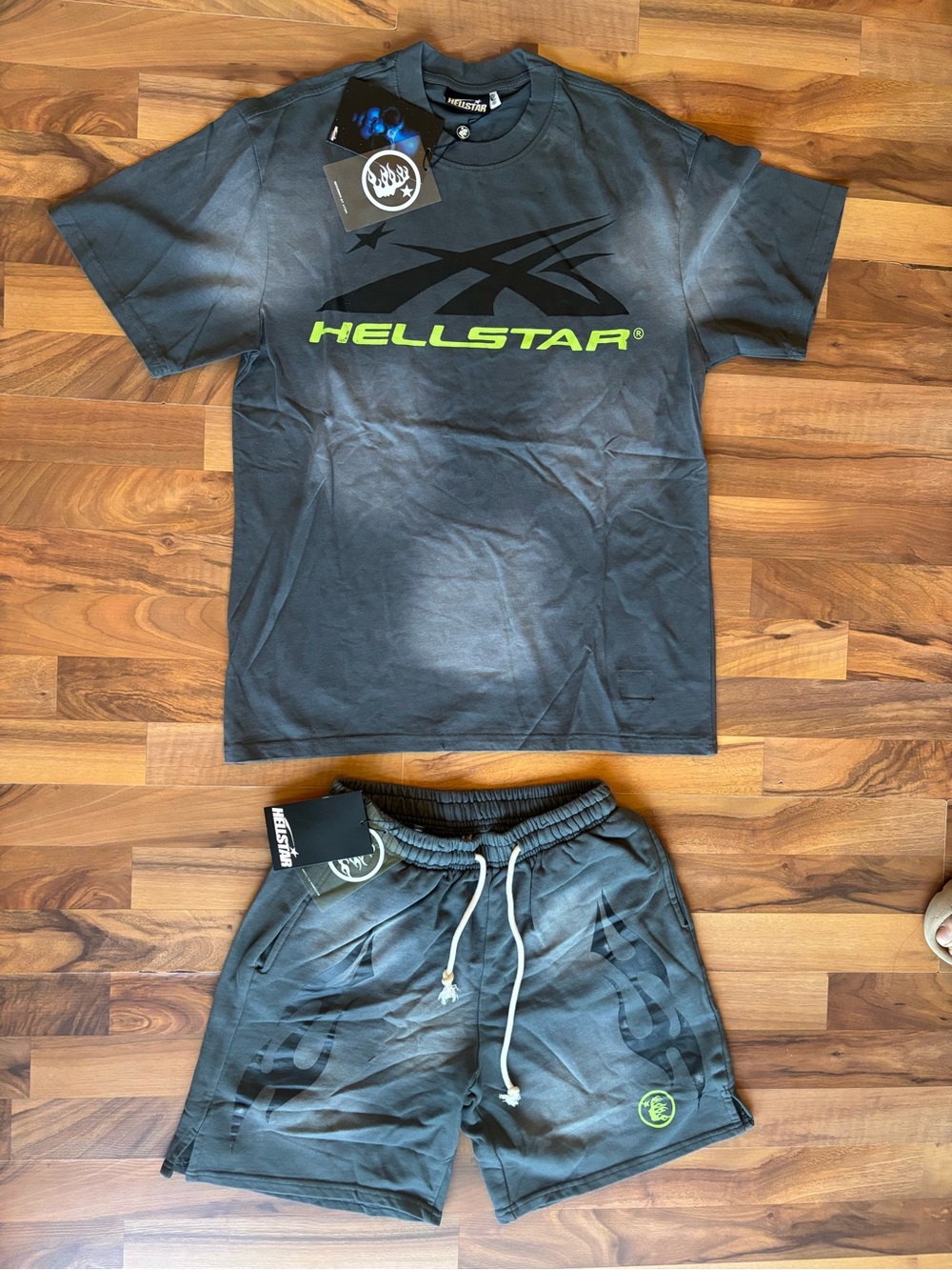 Hellstar Gray Tee & Shorts Set with Neon Green Logo